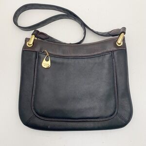 Carriage House Genuine Black Leather Shoulder Bag Brown Trim Gold Hardware Slim